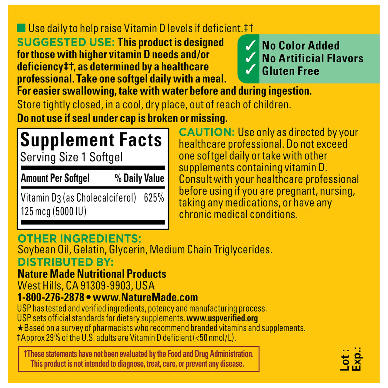 Nature Made Vitamin D3 5000 IU (125 mcg) Softgels, Extra Strength Vitamin D Supplement for Bone and Immune Health Support, 180 Count, 180 Day Supply