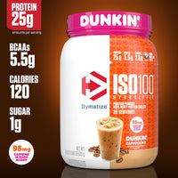 Thumbnail for Dymatize x Dunkin' Cappuccino ISO100 Whey Protein Powder, 95mg Caffeine, 25g of Protein, 20 Servings, 5.5g BCAAs, 120 Cal., Gluten Free, 1g Fat, 1g Sugar, 2g Carb