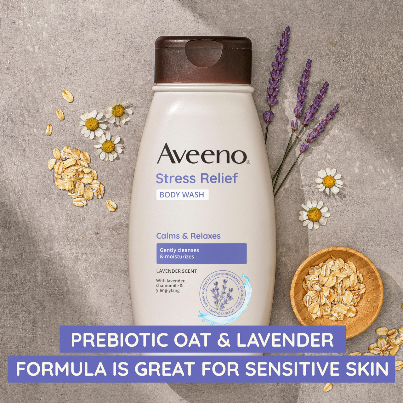 Aveeno Stress Relief Body Wash with Nourishing Oat & Lavender Scent for Sensitive Skin, Gently Cleanses & Helps You Feel Calm & Relaxed in the Shower, Soap-Free, Twin Pack, 2 x 18 fl. oz
