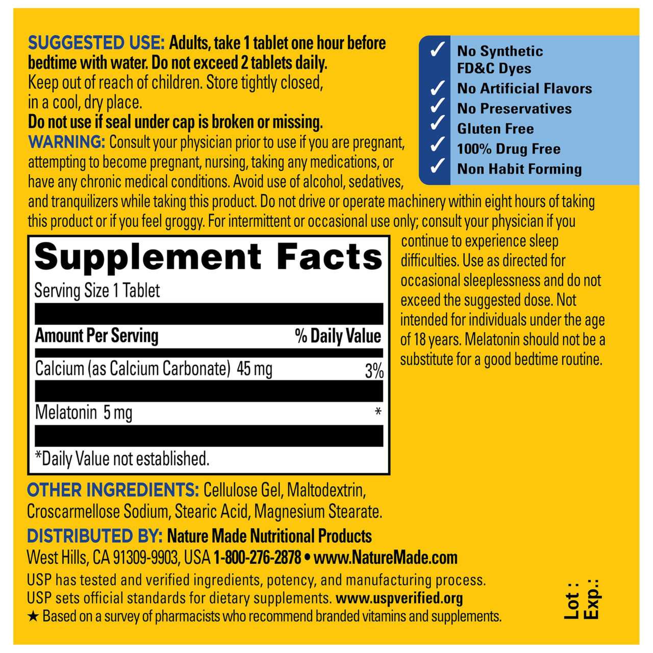 Nature Made Melatonin 5mg Tablets Extra Strength, 100% Drug Free Sleep Aid for Adults, 90 Tablets, 90 Day Supply