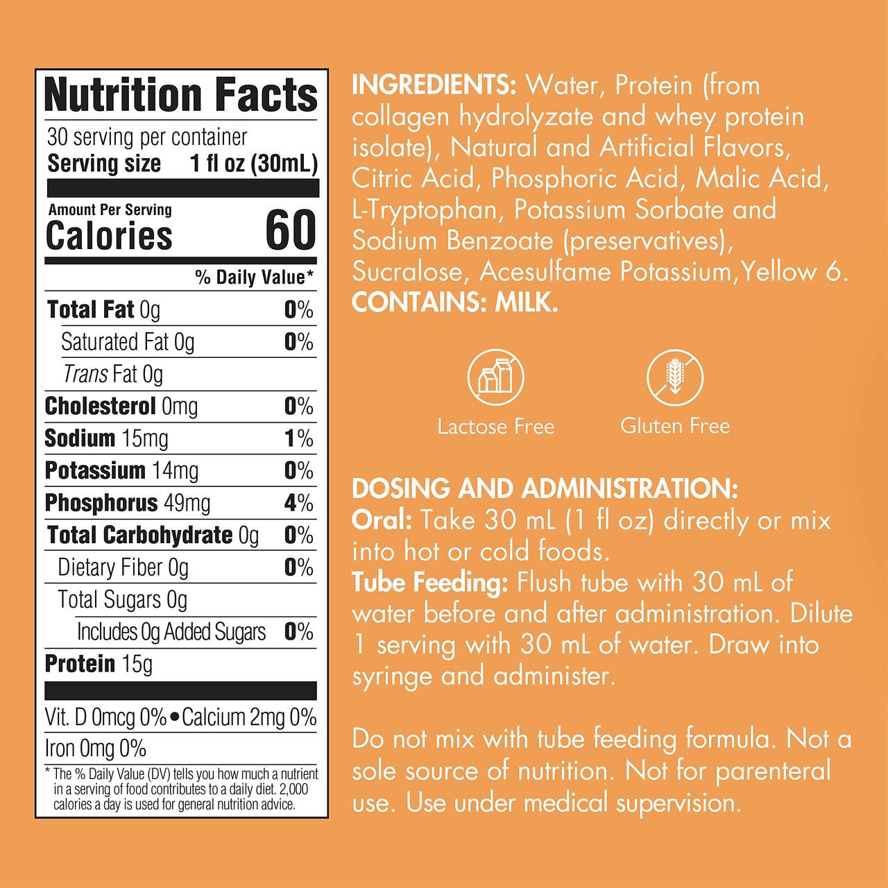 Liquid Collagen Peptides Type I, III 15 Grams Protein per Oz. |Prosource NoCarb Orange Crème 4 Bottles Pack Medtrition|
