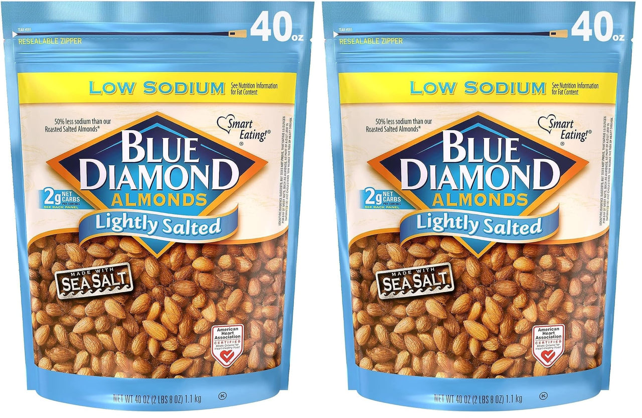Blue Diamond Almonds Low Sodium Lightly Salted Snack Nuts, 40 Oz Resealable Bag (Pack of 2)