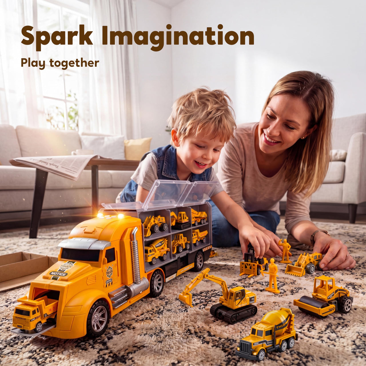 JOYIN 25-in-1 Construction Truck Toy Set with 12 Vehicles & 12 Worker Figures, Push and Go Toy Trucks with Sound and Light, Construction Toys Birthday Gifts for Kids 3 4 5 6 7 Years Old