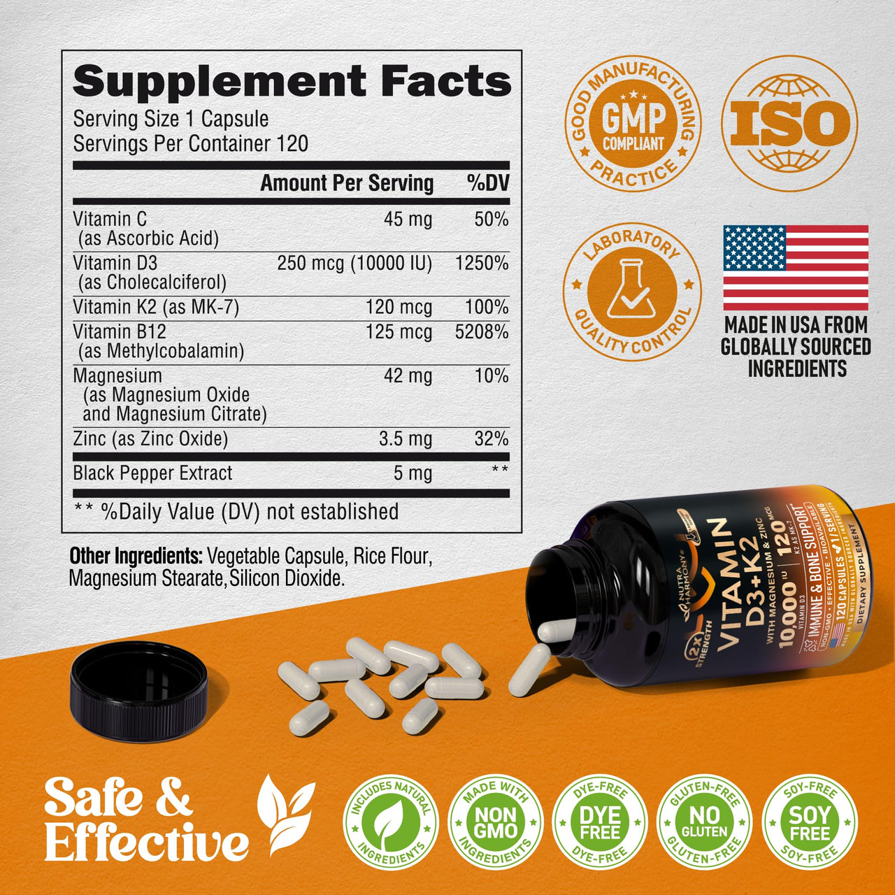 Vitamin D3 K2 - Vitamin D3 10000 iu & K2 as MK-7 120 mcg - Immune & Mood Support, for Bone & Teeth Health - with Magnesium, Zinc & Vitamin C & B12 - Highly Bioavailable - Made in USA, 120 Capsules