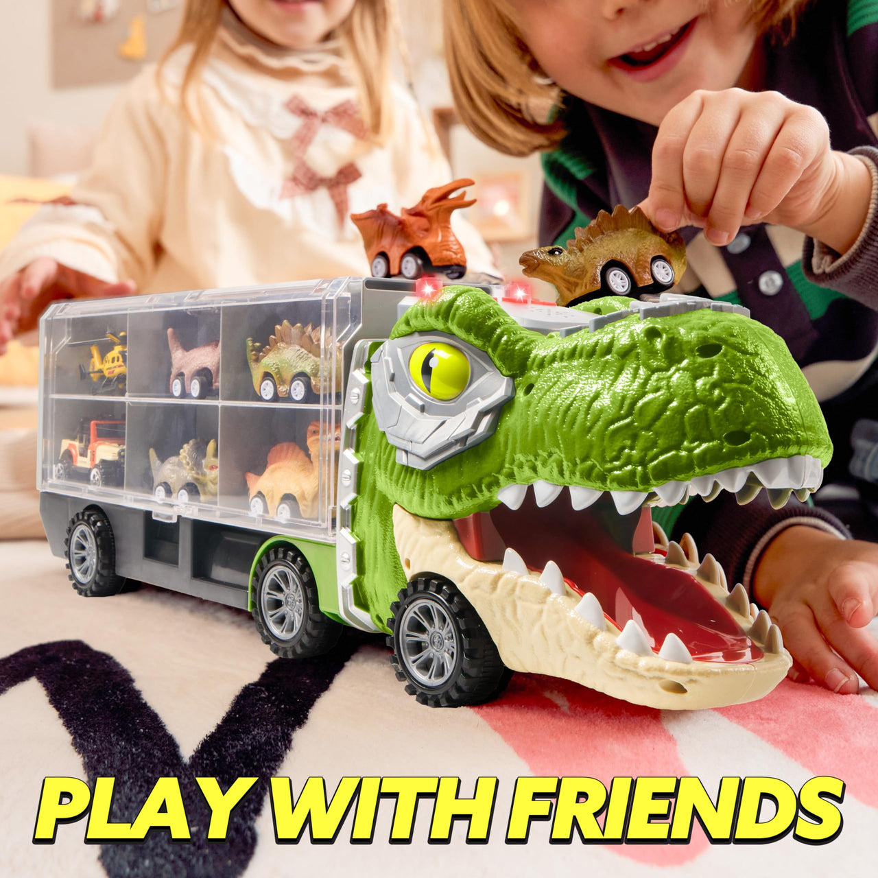 JOYIN 13 in 1 Dinosaur Toys for Kids 3-5, Transport Dinosaur Carrier Truck with 12 Pull Back Cars, Toddler Toys 3-4， Birthday Gifts for 3 4 5+ Year Old Boys