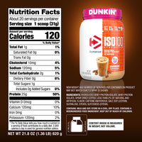 Thumbnail for Dymatize x Dunkin' Cappuccino ISO100 Whey Protein Powder, 95mg Caffeine, 25g of Protein, 20 Servings, 5.5g BCAAs, 120 Cal., Gluten Free, 1g Fat, 1g Sugar, 2g Carb