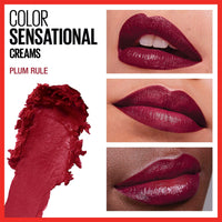 Thumbnail for Maybelline Color Sensational Lipstick, Lip Makeup, Cream Finish, Hydrating Lipstick, Nude, Pink, Red, Plum Lip Color, Plum Rule, 0.15 oz; (Packaging May Vary)