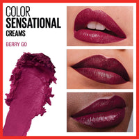 Thumbnail for Maybelline Color Sensational Lipstick, Lip Makeup, Cream Finish, Hydrating Lipstick, Nude, Pink, Red, Plum Lip Color, Berry Go, 0.15 oz; (Packaging May Vary)