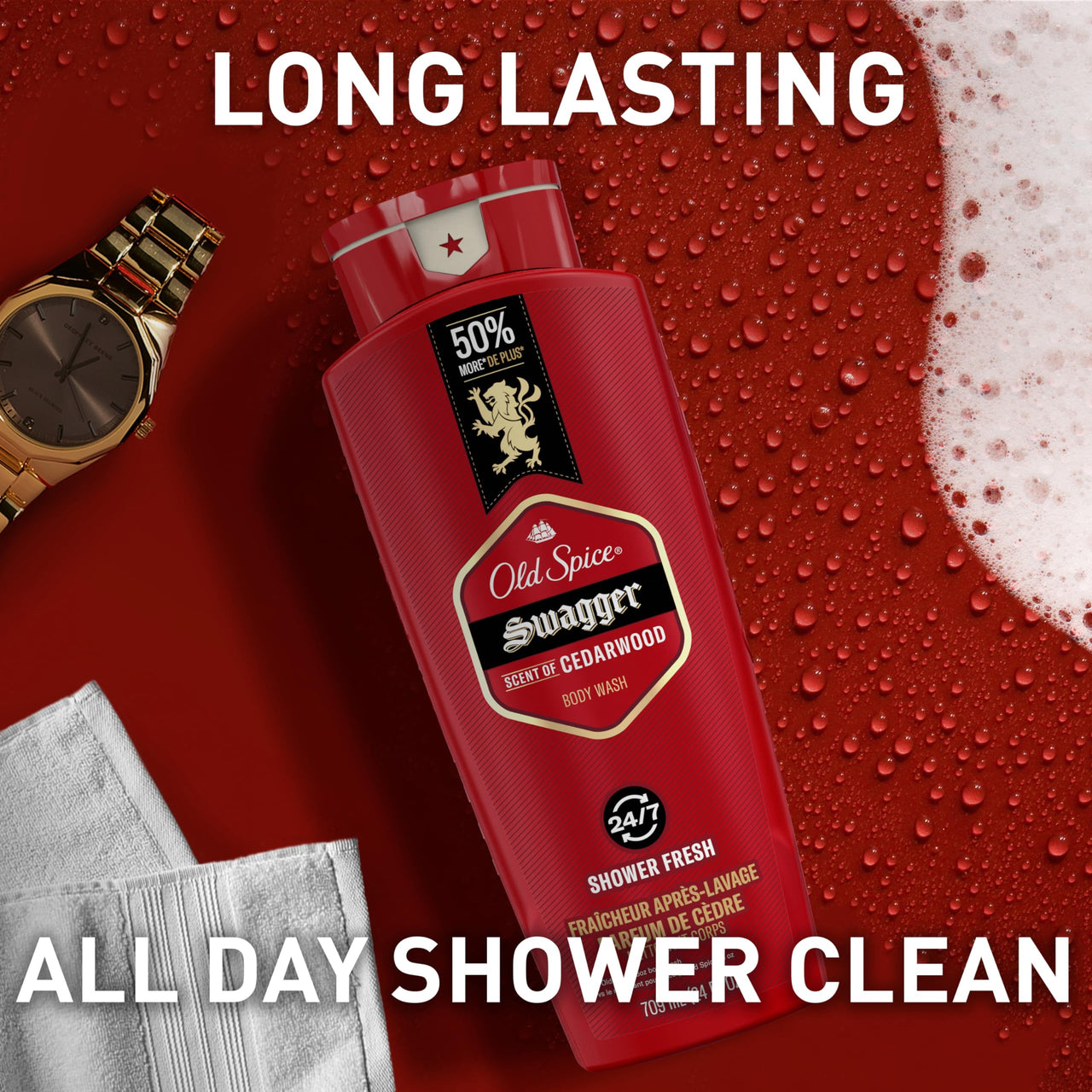 Old Spice Refreshing Body Wash for Men, 3X Defense, 24/7 Shower Fresh with Long Lasting Scent, Red Collection, Swagger with Cedarwood Scent, 24 oz (Pack of 2)