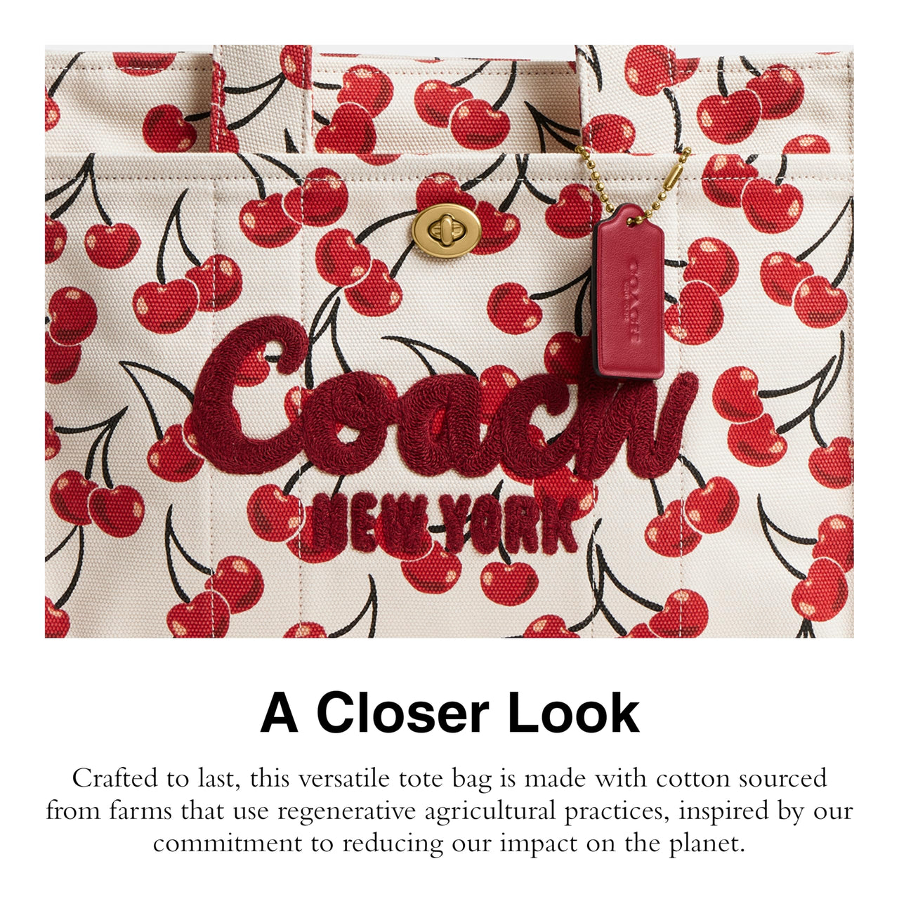 COACH Womens Cargo Tote Bag with Cherry Print, Chalk Multi, OS