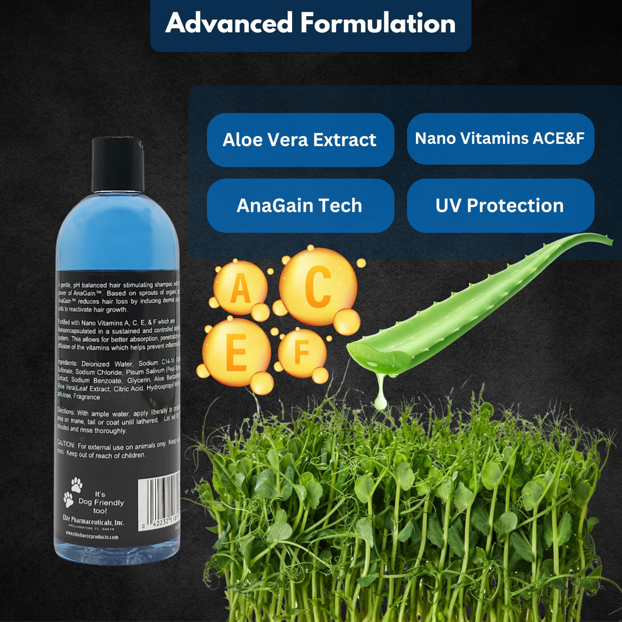 E3 Hair Growth Shampoo with AnaGain (Pea Sprouts), Aloe Vera and Vitamins A, C, E & F, 16oz - Promotes Fuller, Thicker Hair, Nourishes and Strengthens, Natural Ingredients (Human Grade Ingredients)