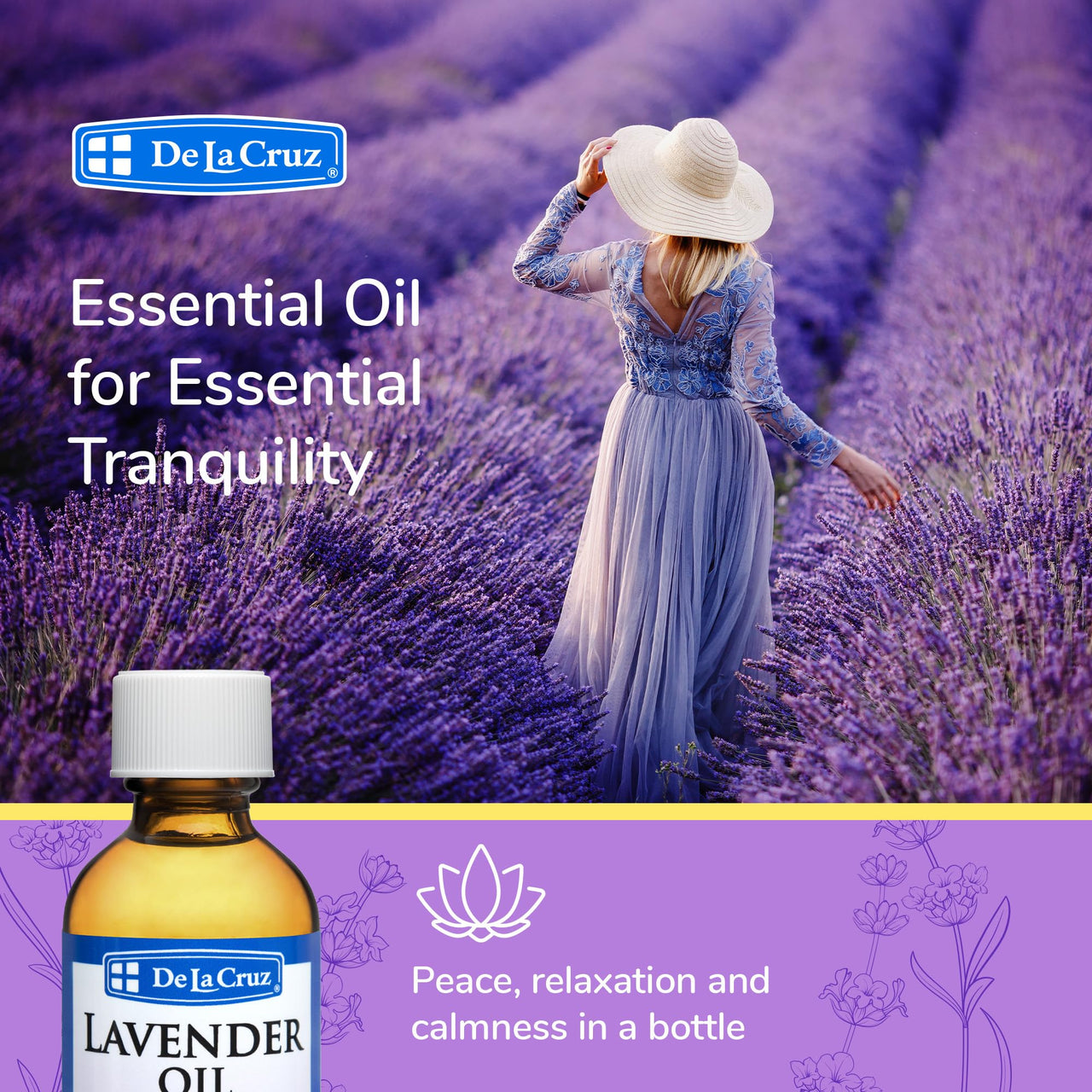 De La Cruz Lavender Essential Oil Steam-Distilled - 100% Pure Lavender Oil for Aromatherapy 2 Fl Oz (Pack of 1)