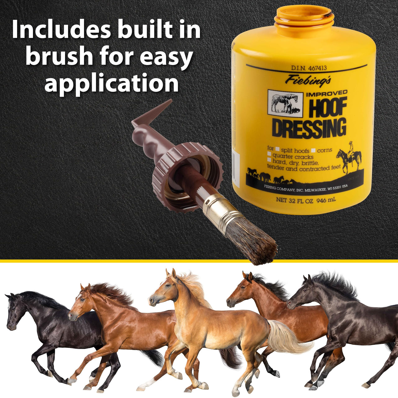 Fiebing's Hoof Oil for Horses with Mineral Oil (32 oz) - Hoof Dressing with Applicator Brush to Condition Dry, Split Hooves & Corns - Prevents Cracks, Splits & Contracted Feet with Semi Gloss Finish