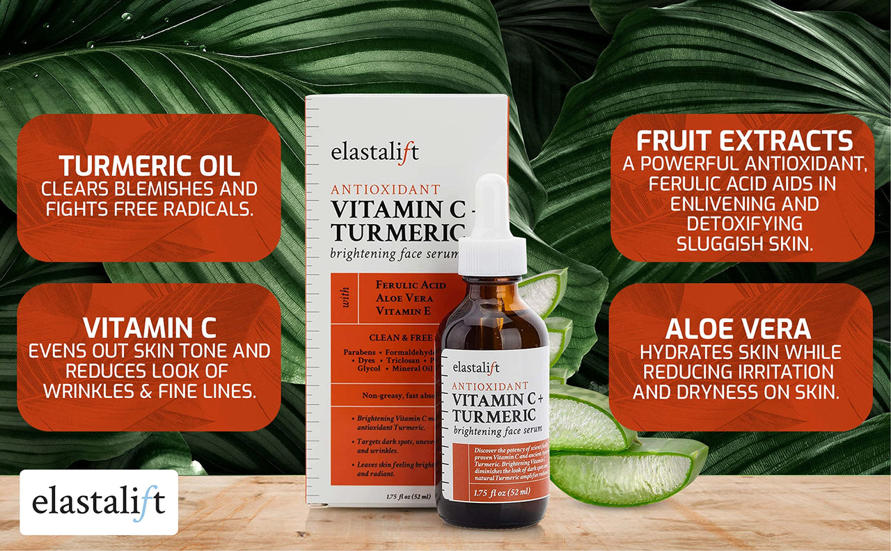 Elastalift Concentrated Vitamin C + Turmeric Oil Anti Aging Facial Serum Skin Care Booster - Promote Clear & Brighten Skin Tone - Hydrate Dry Skin, Fight Redness, Restore Skin Strength - 1.75 Fl Oz
