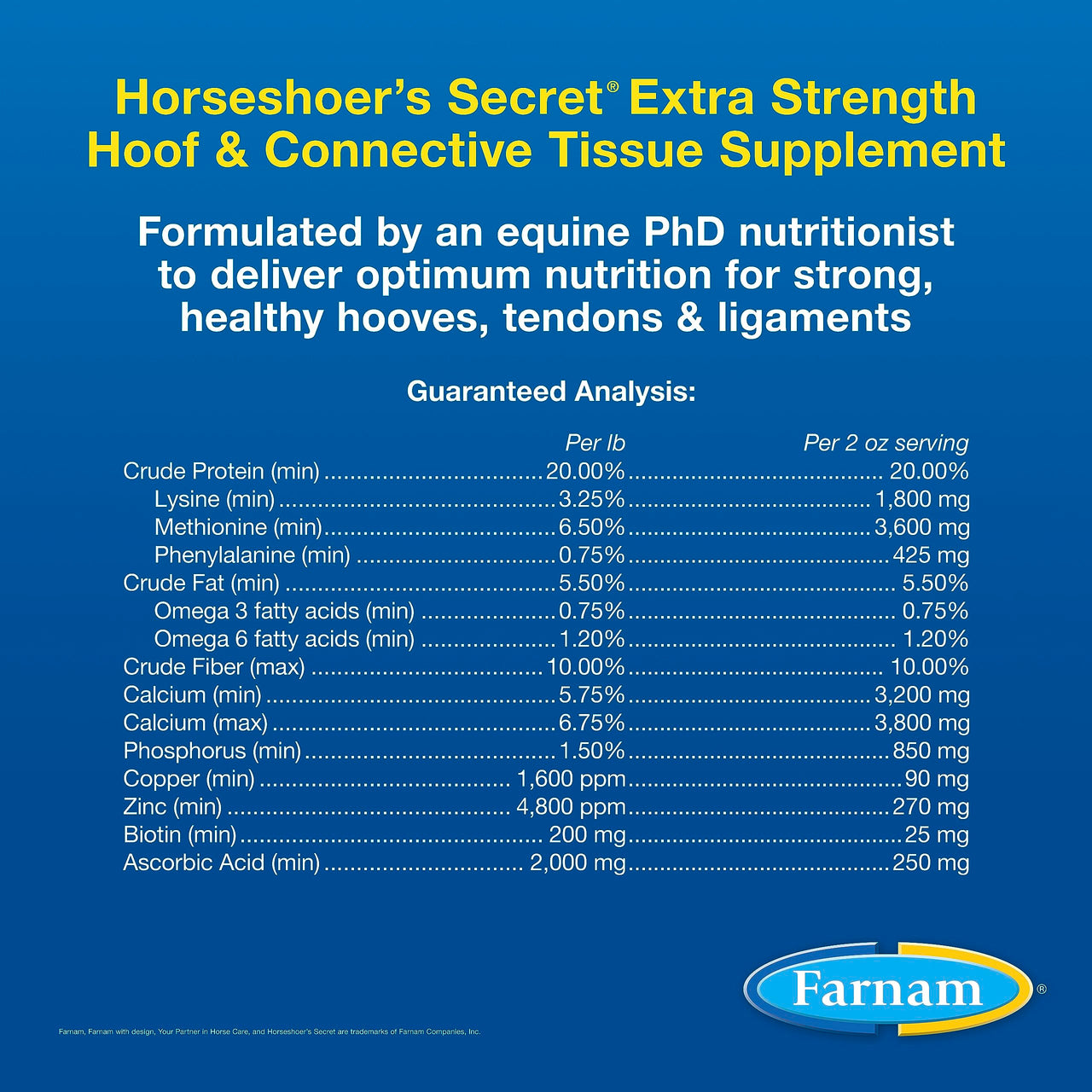 Farnam Horseshoer's Secret Extra Strength Hoof & Connective Tissue Biotin Supplement with Aminos for Strong, Healthy Hooves, Tendons & Ligaments, 7.5 lbs, 60-Day Supply