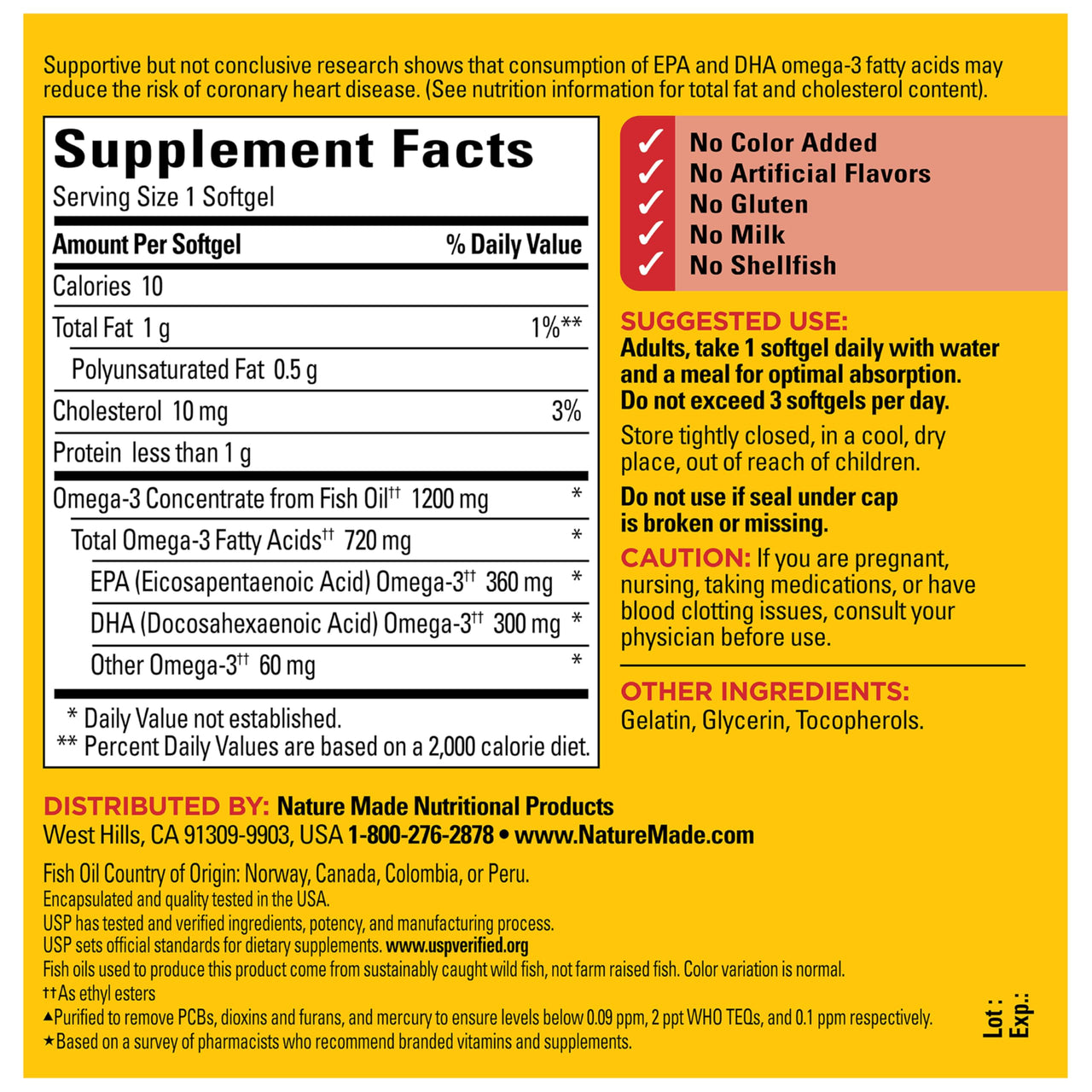 Nature Made Fish Oil Omega 3 Supplements, Omega 3 Fish Oil as Ethyl Esters 1200 mg Softgels, EPA DHA Supplement for Healthy Heart, Brain, Eye Support, One Per Day, 100 Softgels