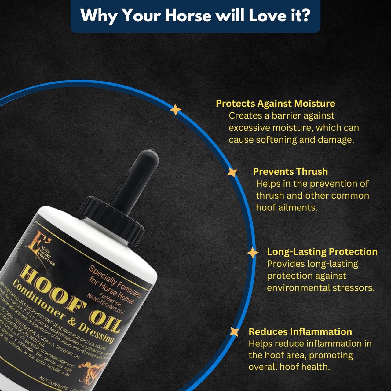 E3 Hoof Conditioner & Dressing Oil 32 oz, Expert Formula for Nourishing & Protecting Horse Hooves, Deep Conditioning for Elasticity, Enhances Shine, Protective Barrier, Easy Application