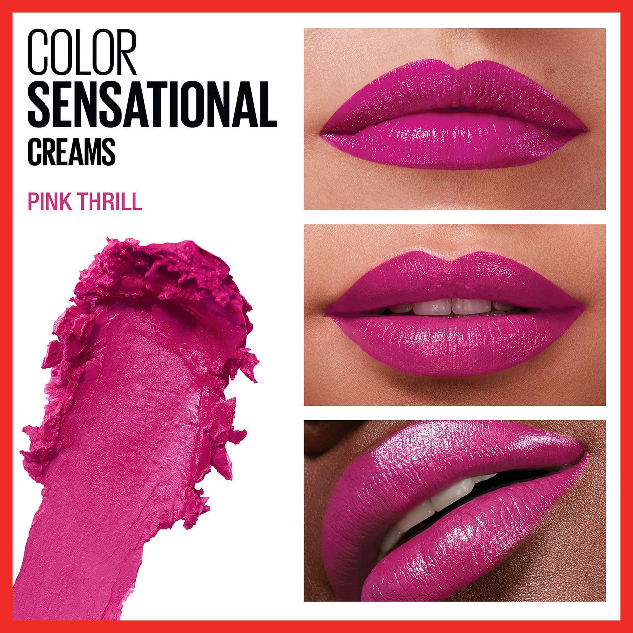 Maybelline Color Sensational Lipstick, Lip Makeup, Cream Finish, Hydrating Lipstick, Nude, Pink, Red, Plum Lip Color, Pink Thrill, 0.15 oz; (Packaging May Vary)