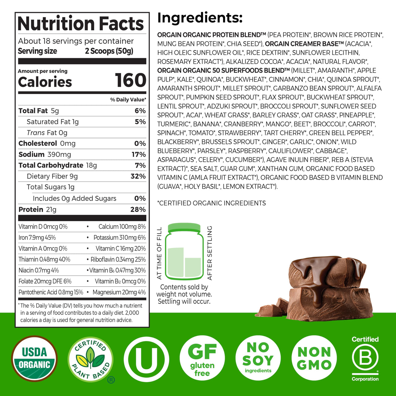 Orgain Organic Vegan Protein + 50 Superfoods Powder, Creamy Chocolate Fudge - 21g Plant Based Protein, 9g Prebiotic Fiber, No Lactose, Gluten Free, No Added Sugar, 2.02 lb (Packaging May Vary)