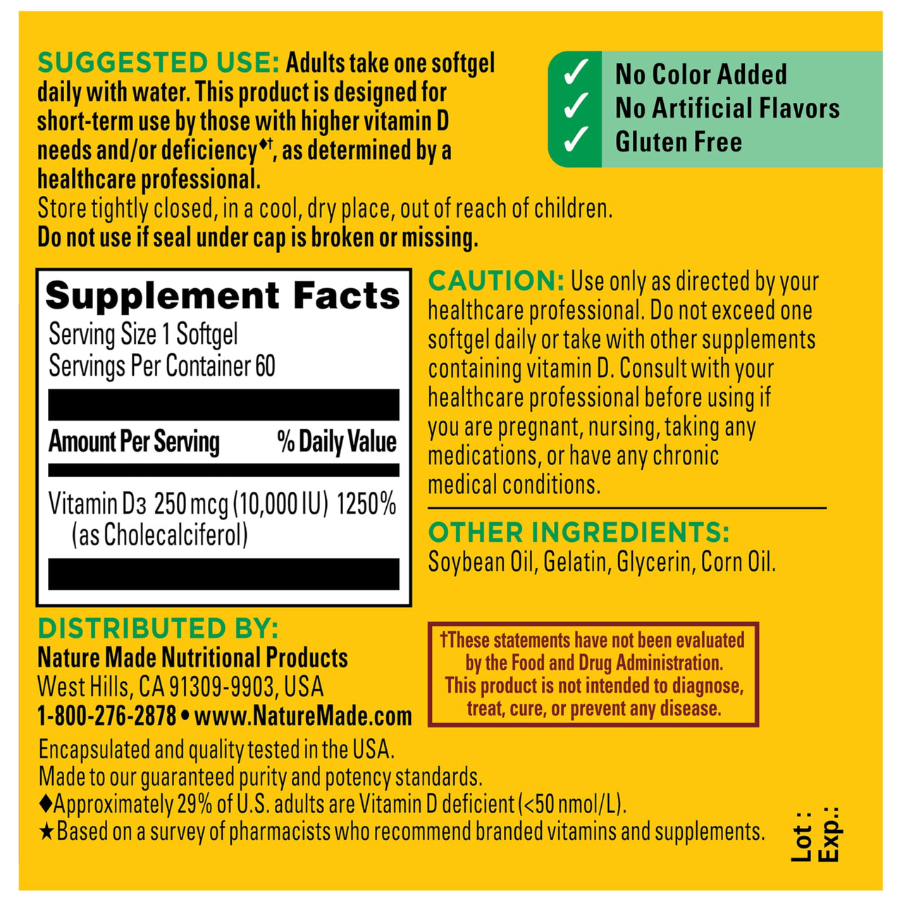 Nature Made Vitamin D3 10000 IU (250 mcg) Maximum Strength, Vitamin D Supplement for Bone and Immune Health Support, 60 Softgels, 60 Day Supply