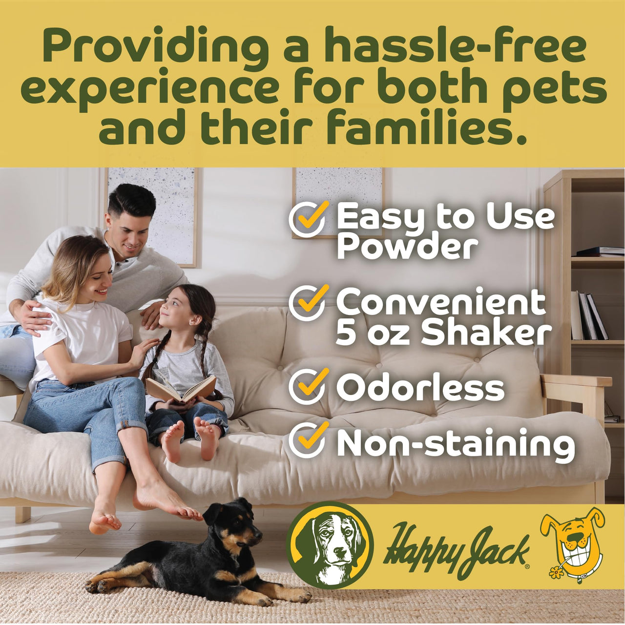 Happy Jack Flea and Tick Powder for Dogs & Puppies, Flea Powder for Flea Treatment & Control, Kills Pests, Ticks & Lice, Odorless & Non-Staining, Dust on Sleeping Quarters & Dogs (5 oz)