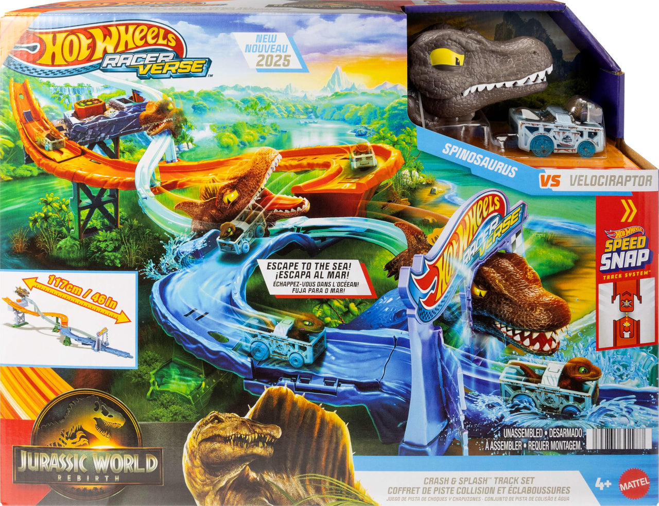 Hot Wheels Toy Car Track Set, RacerVerse Jurassic World Crash & Splash Playset with Die-Cast Velociraptor Vehicle, Dinosaur Race with Spinosaurus