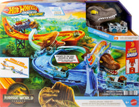 Thumbnail for Hot Wheels Toy Car Track Set, RacerVerse Jurassic World Crash & Splash Playset with Die-Cast Velociraptor Vehicle, Dinosaur Race with Spinosaurus