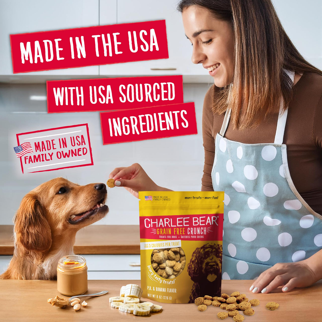 Charlee Bear Crunch Grain Free Dog Treats, Peanut Butter and Banana, 8 Ounce Resealable Bag, Low Calorie Training Treats for Dogs, Limited Ingredient, Healthy, Crunchy Dog Snacks, Made in USA