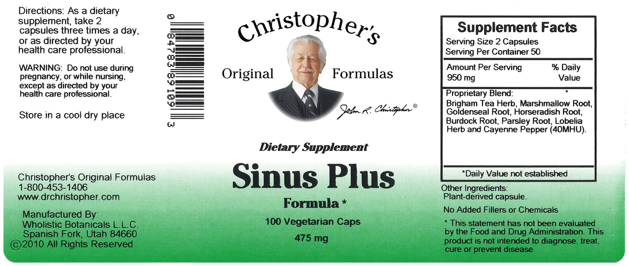 Christopher's Original Formulas Sinus Plus, Sinus Support Capsules, Whole Herb Synergistic Blend, 100 Count