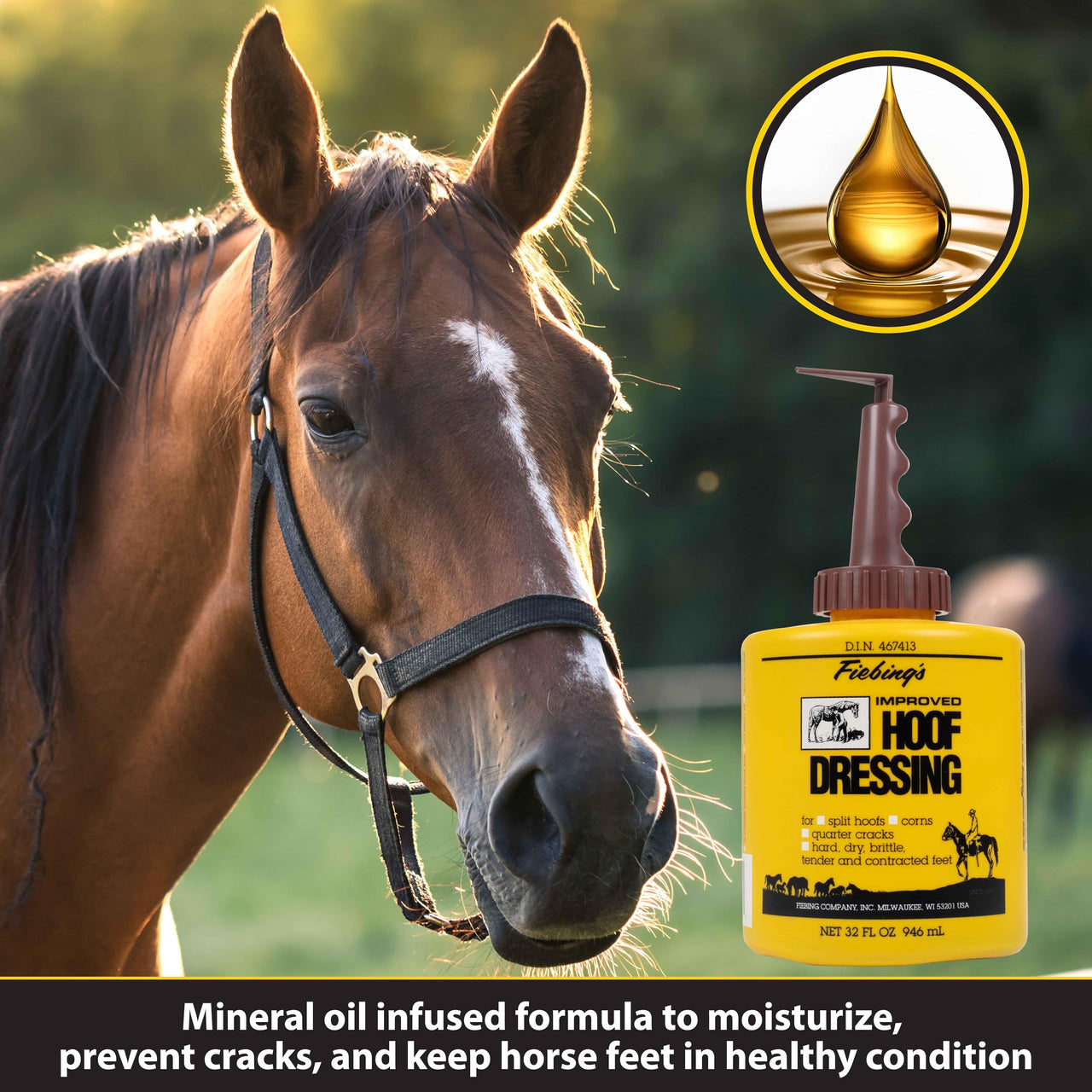 Fiebing's Hoof Oil for Horses with Mineral Oil (32 oz) - Hoof Dressing with Applicator Brush to Condition Dry, Split Hooves & Corns - Prevents Cracks, Splits & Contracted Feet with Semi Gloss Finish
