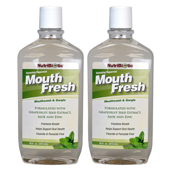 NutriBiotic MouthFresh, Refreshing Peppermint 16 Oz. Twin Pack | Natural Mouthwash & Gargle with Grapefruit Seed Extract, Aloe, Zinc & Witch Hazel | Fluoride-Free & Made Without GMOs & Gluten