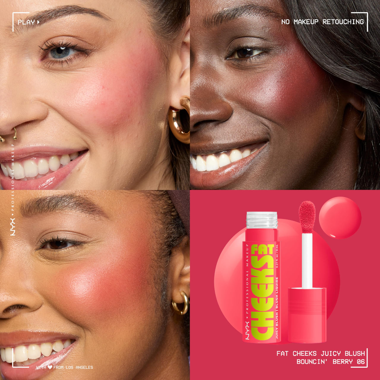 NYX PROFESSIONAL MAKEUP Fat Cheeks Liquid Blush, Buildable, Dewy Blush with Long-Lasting 12HR Wear - Bouncin Berry (Bright Watermelon)
