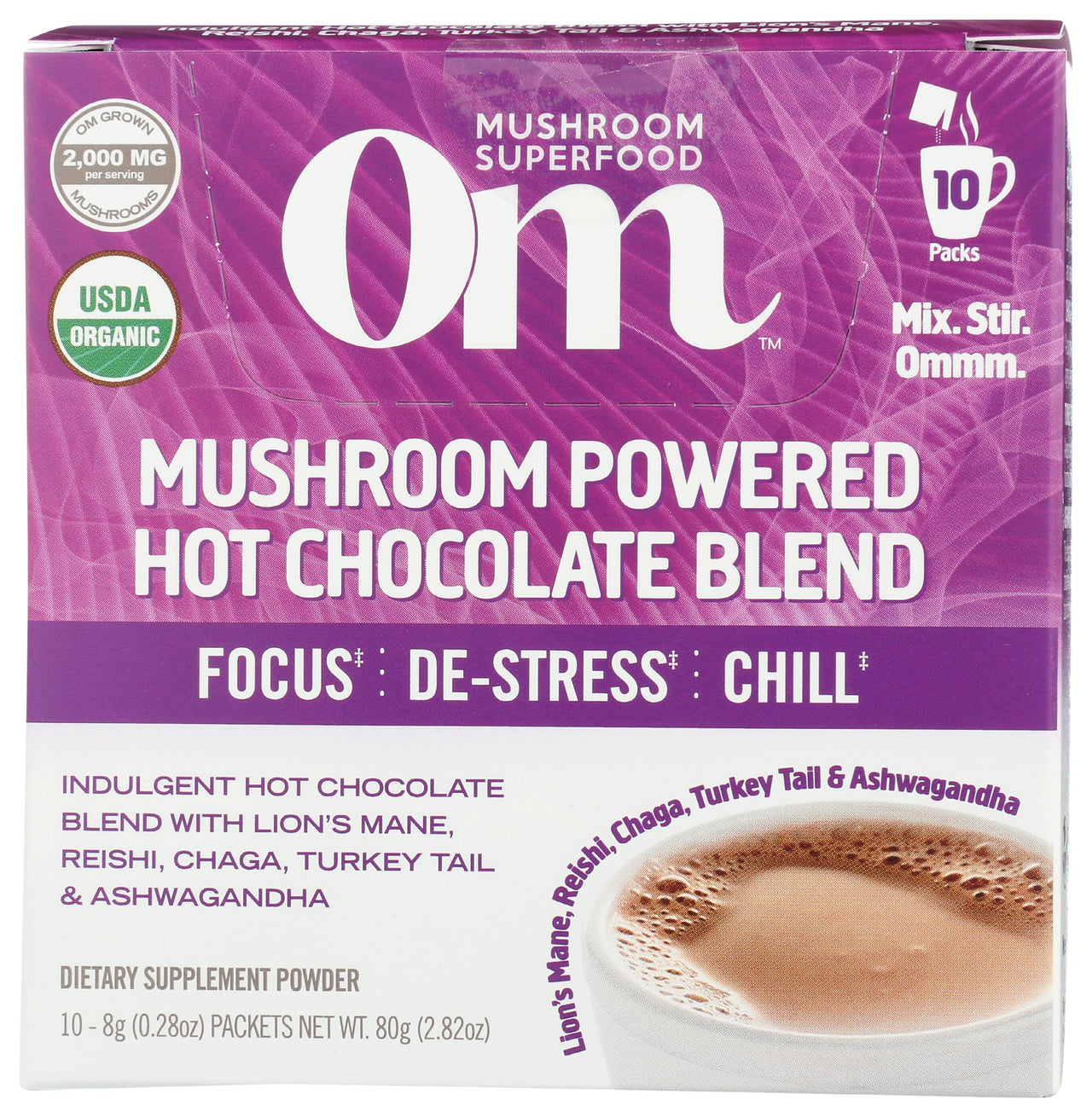 Om Mushroom Superfood Hot Chocolate Blend Mushroom Powder, Single Serve, Dutch Cocoa, 2g of Sugar, 25 Calories, Lion's Mane, Reishi, Chaga, Turkey Tail, Focus and Stress Support, 10 Count, 2.82 Oz
