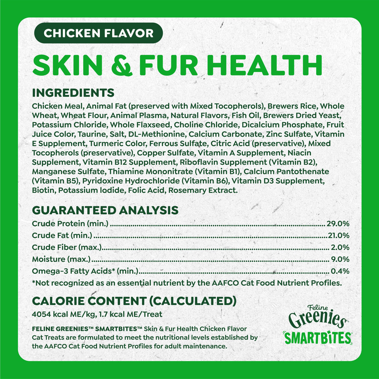 Greenies Cat Treats, Feline Smartbites, Skin & Fur Health, Crunchy and Soft Cat Treats, Chicken Flavor, 2.1 oz. Pack