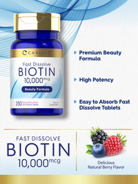 Thumbnail for Carlyle Biotin 10000mcg | 250 Fast Dissolve Tablets | Max Strength for Hair, Skin, and Nails | Vegetarian, Non-GMO, Gluten Free Supplement