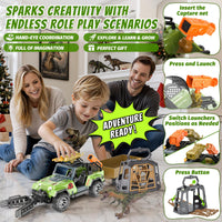 Thumbnail for EKU Dinosaur Toys Truck with 10 Sounds, Transport Trailer, Capture Clamp and Net, 15ft Launch, Cage, T Rex, Human, Christmas Birthday Gifts for Jurassic World Adventure Dino Rescue Kids 3+