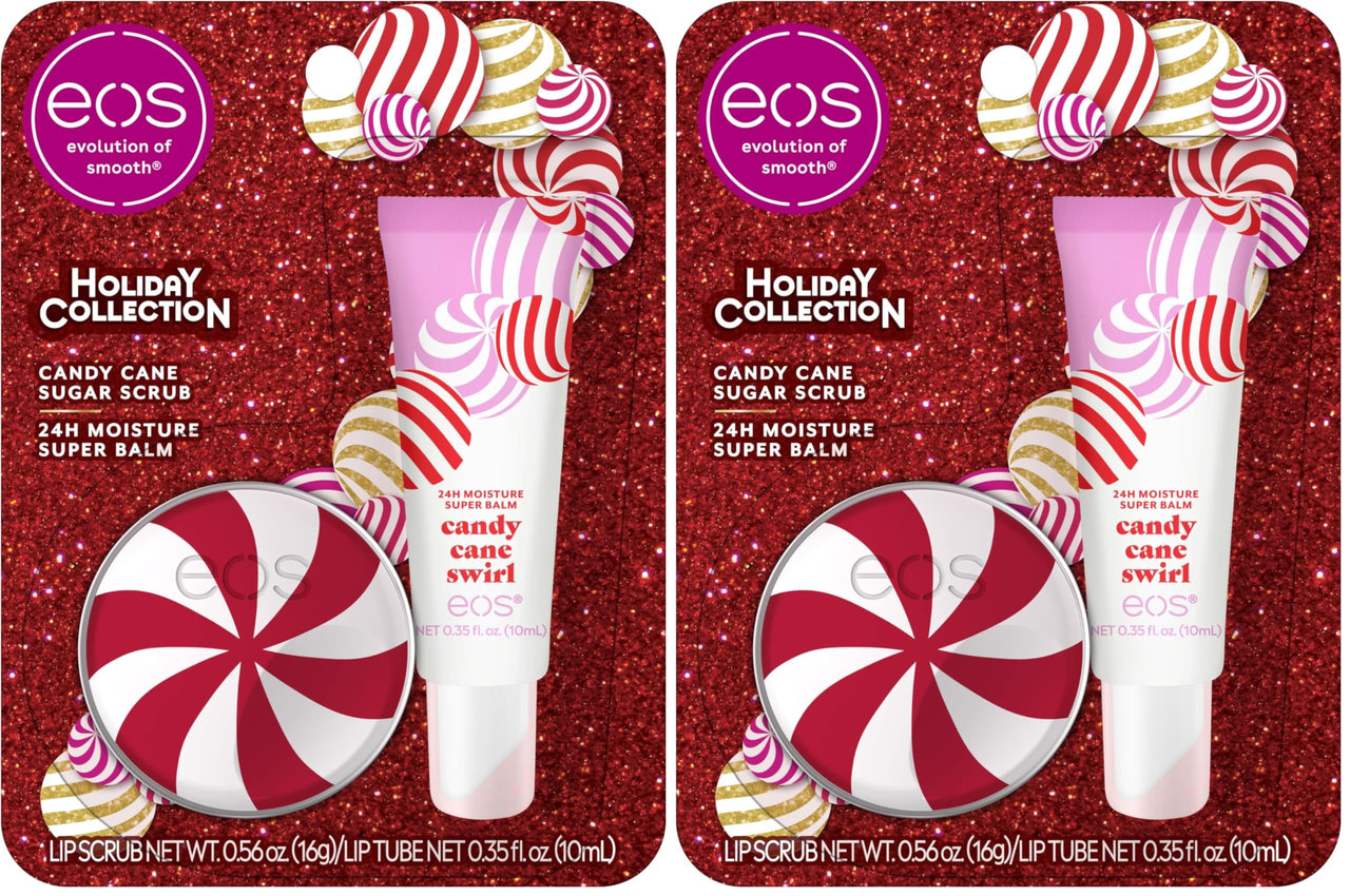 eos Holiday Lip Treatment Gift Set- Candy Cane Swirl Lip Scrub & 24H Moisture Super Balm, Limited-Edition Lip Care, Stocking Stuffers, 4-Pack