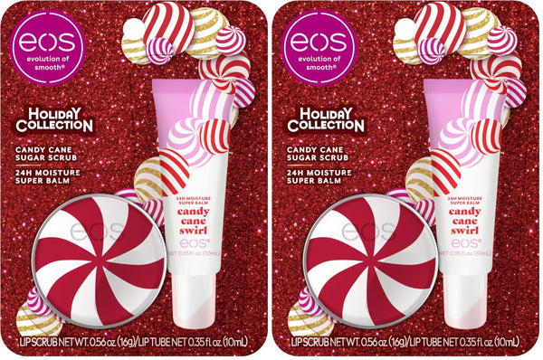 eos Holiday Lip Treatment Gift Set- Candy Cane Swirl Lip Scrub & 24H Moisture Super Balm, Limited-Edition Lip Care, Stocking Stuffers, 4-Pack