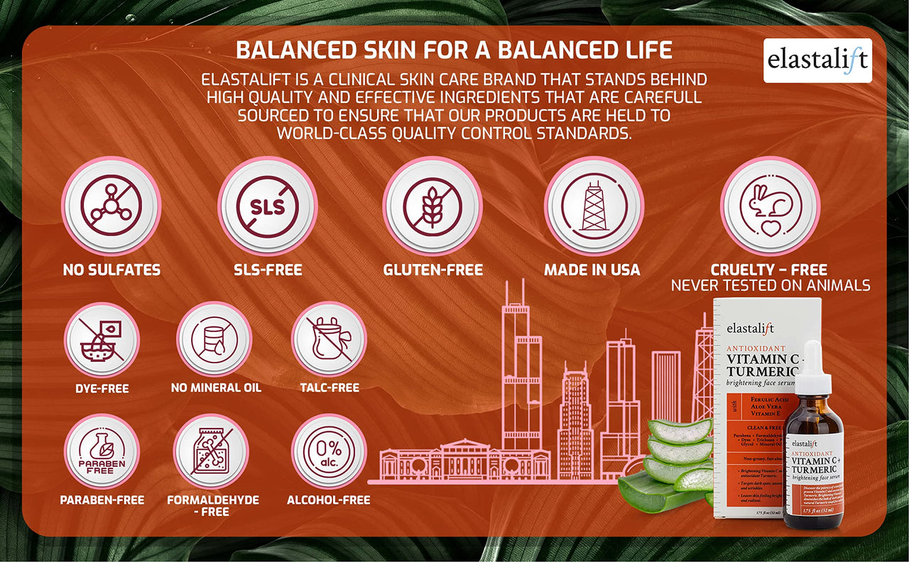 Elastalift Concentrated Vitamin C + Turmeric Oil Anti Aging Facial Serum Skin Care Booster - Promote Clear & Brighten Skin Tone - Hydrate Dry Skin, Fight Redness, Restore Skin Strength - 1.75 Fl Oz