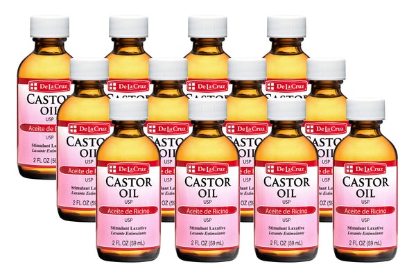 De La Cruz Castor Oil - 100% Pure Expeller Pressed Castor Oil for Nourishing Skin, Hair, Eyelashes, and Eyebrows - Natural Laxative USP Grade, 2 FL Oz (12 Glass Bottles)