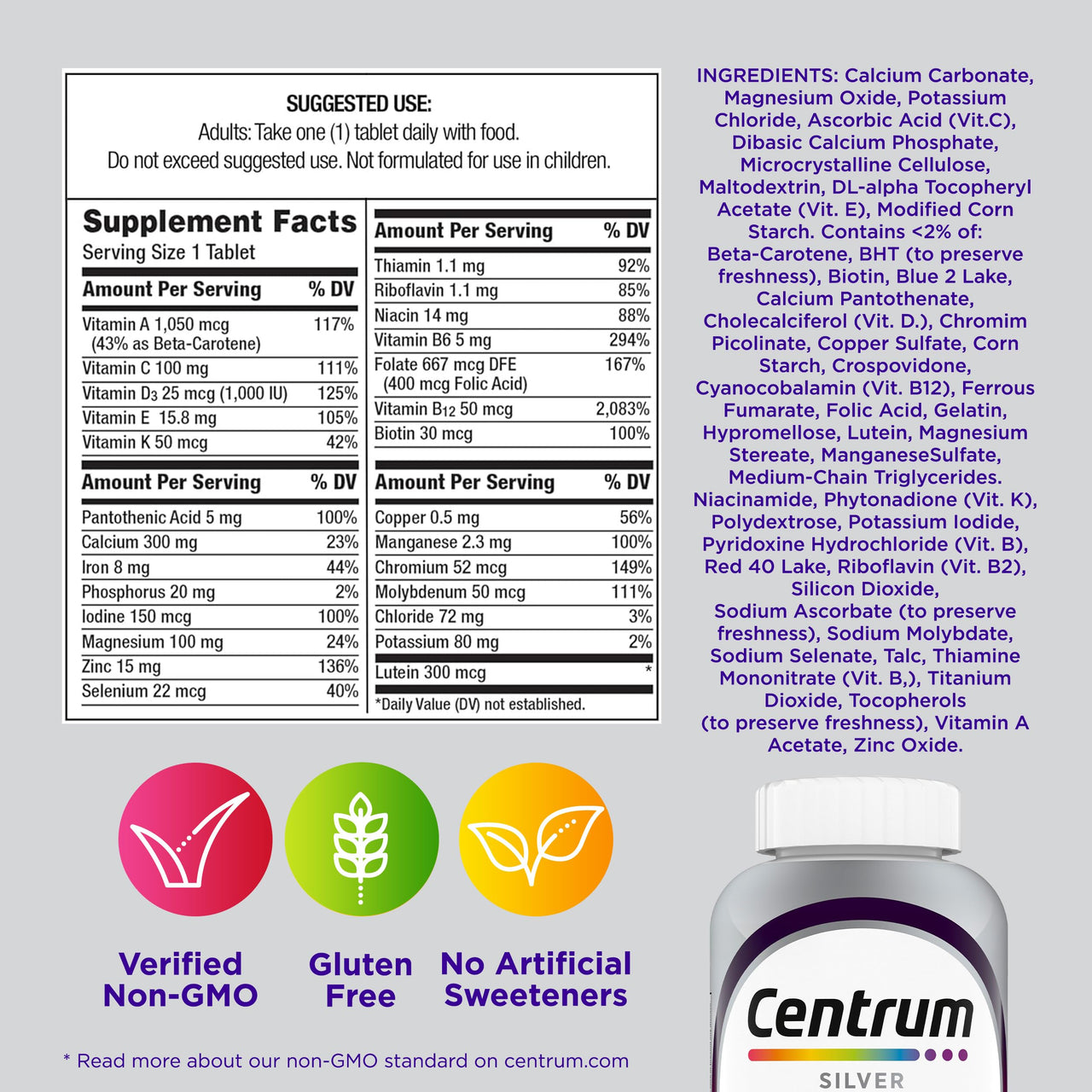 Centrum Silver Women's Multivitamin for Women 50 Plus, Multivitamin/Multimineral Supplement with Vitamin D3, B Vitamins, Non-GMO Ingredients, Supports Memory and Cognition in Older Adults - 100 Ct