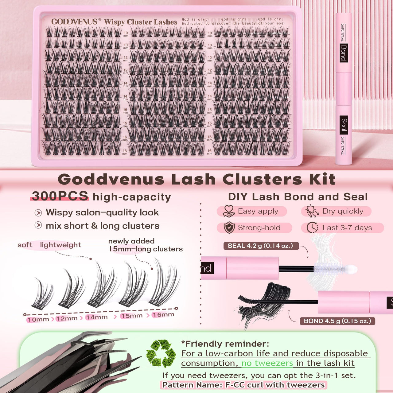 Goddvenus Lash Clusters Kit Wispy Eyelash Clusters Lashes Natural DIY Lash Extension Kit 10-16mm Cluster Eyelash Extensions Kit 300pcs C Curl Individual Lashes Cluster Eyelash (No Tweezers)
