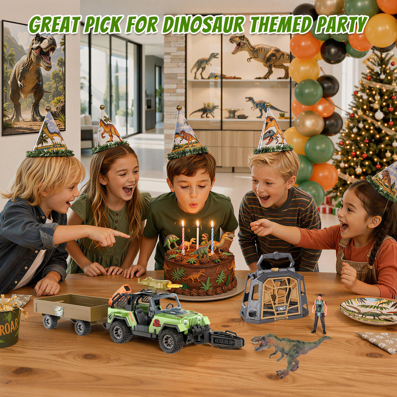 EKU Dinosaur Toys Truck with 10 Sounds, Transport Trailer, Capture Clamp and Net, 15ft Launch, Cage, T Rex, Human, Christmas Birthday Gifts for Jurassic World Adventure Dino Rescue Kids 3+
