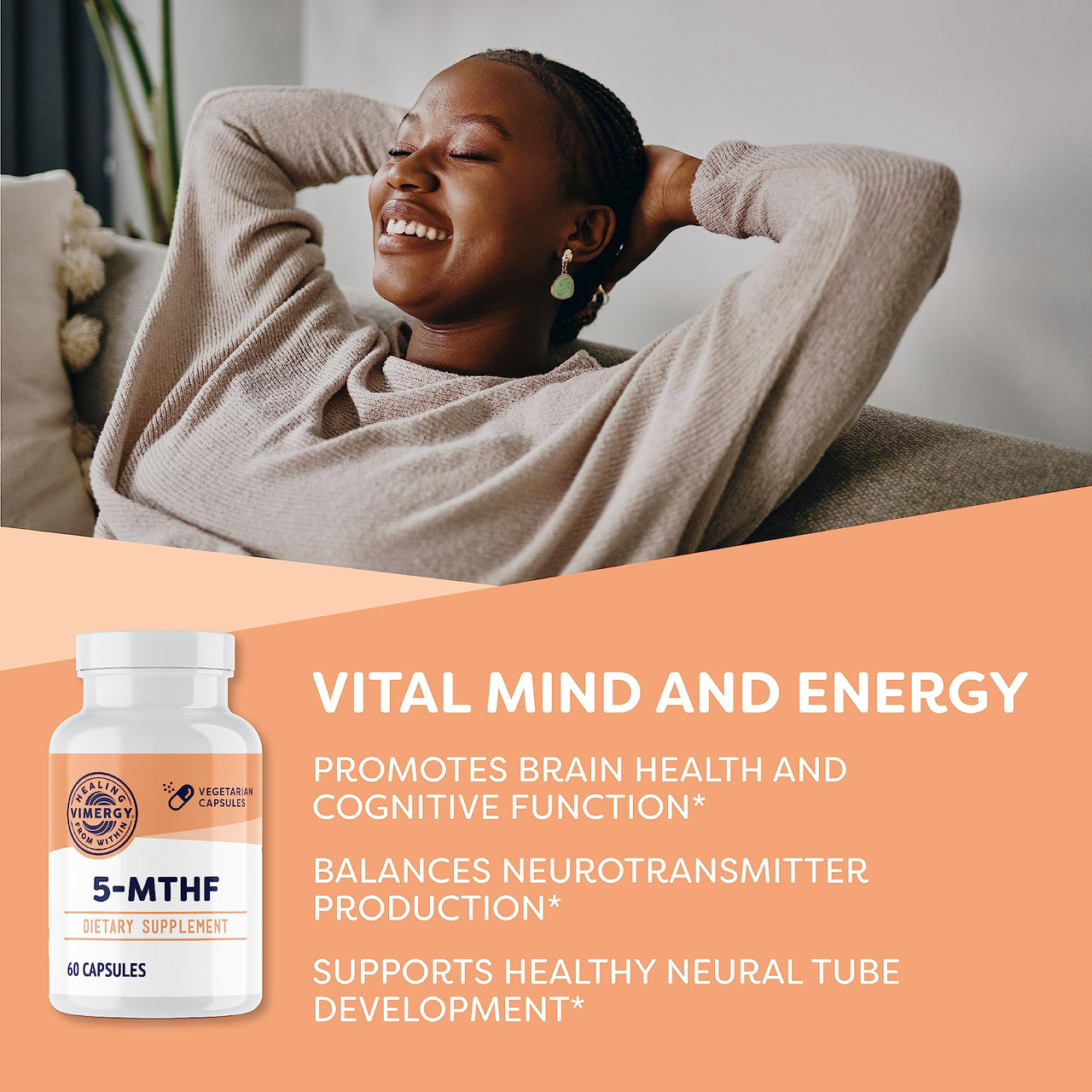 Vimergy 5-MTHF Capsules – 60 Servings (1 Capsule/Serving) 8500mcg L-Methylfolate Glucosamine and 500 mcg Vitamin B12 Supplement –Bioavailable Folate Supplement for Women and Men Vegan 5 mthf (60 ct)