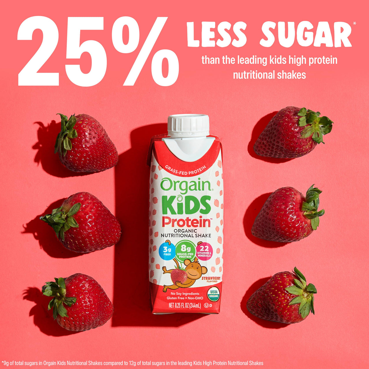 Orgain Organic Kids Nutritional Protein Shake, Strawberry, Healthy Kids Snacks, 8g Dairy Protein, 3g of Fiber, 22 Vitamins & Minerals, No Soy ingredients, Gluten Free, Non-GMO, 8.25 Fl Oz (Pack of 12)