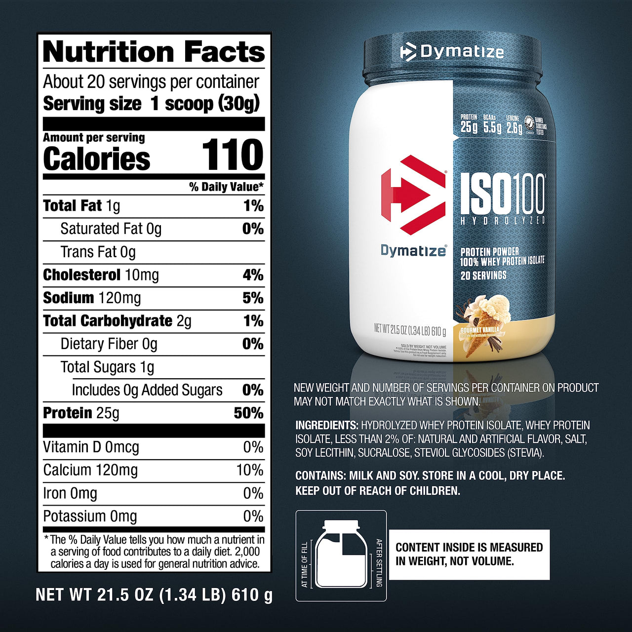 Dymatize ISO100 Whey Protein Powder Isolate, Gourmet Vanilla, 25g of Protein, 20 Servings, 5.5g BCAAs, Less Than 120 Cal., Gluten Free, 1g Fat, 1g Sugar, 2g Carb