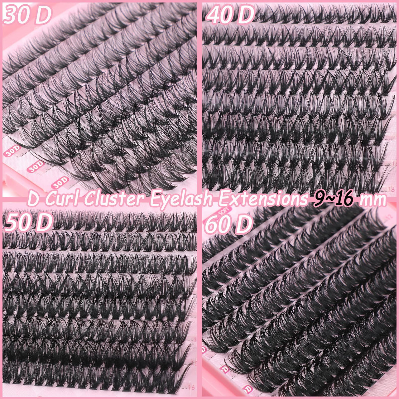 Lash Clusters Kit, 640 Pcs Eyelashes Clusters Extensions Kit 9-16mm Individual Lashes D Curl Fluffy Wispy False Eyelashes Thin Band with Bond Seal Tweezers Brush DIY (30D+40D+50D+60D Kit 9-16mm)