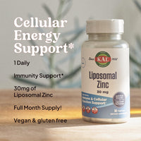 Thumbnail for KAL Liposomal Zinc 30mg, Cellular Function and Immune Support Supplement, Enhanced Absorption Zinc Supplements, Vegan, Gluten Free, Soy Free, 30 Servings, 30 VegCaps