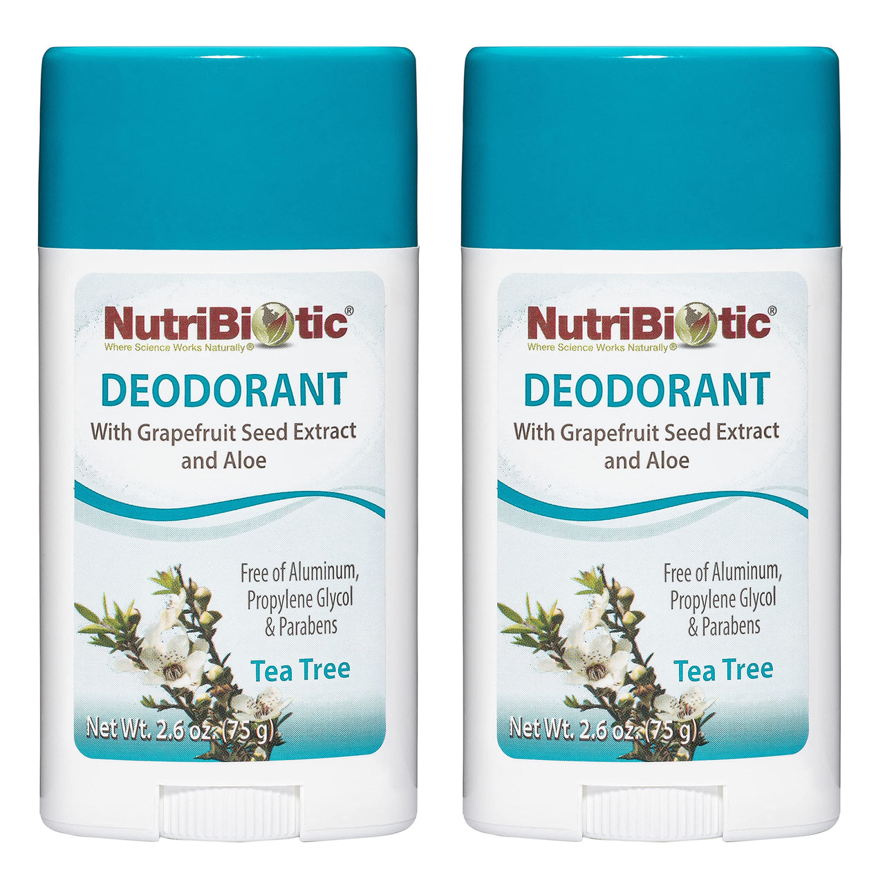 NutriBiotic Deodorant, Tea Tree, 2.6 Ounce Stick Twin Pack | with Witch Hazel, Grapefruit Seed Extract, Aloe, Tea Tree & Peppermint | Vegan & Free of Aluminum, Paraben, Phthalates, Gluten & GMOs