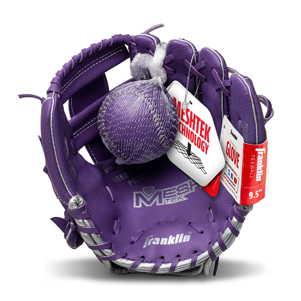 Franklin Sports Meshtek Teeball Fielding Glove with Ball - Right Hand Throw - 9.5" - Purple/Chrome